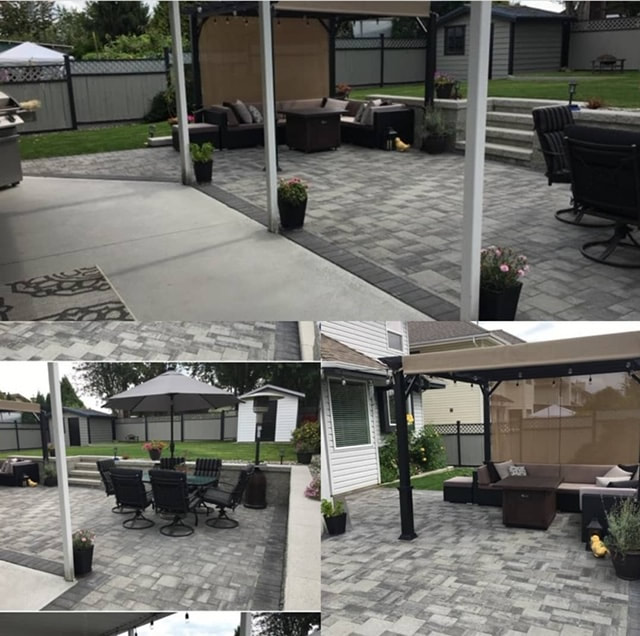 renovated backyard with patio paving and retaining wall using interlocking stone